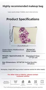 Linen makeup bag with purple floral print showing dimensions 17x25cm and 33g weight