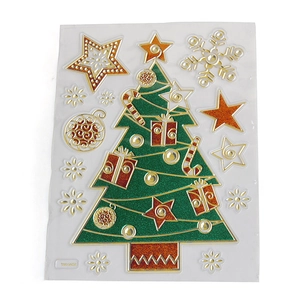 Detailed view of green glitter Christmas tree wall sticker with gold star accents