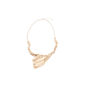 Irregular textured gold pendant necklace with fluid metal design on white background