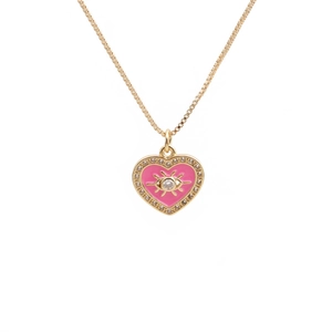 Golden heart pendant necklace with pink enamel eye and sparkling crystals on box chain