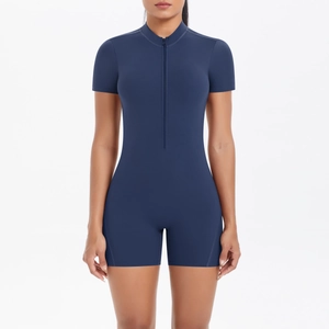 Front view of navy blue short sleeve yoga bodysuit with zipper and high elastic fabric