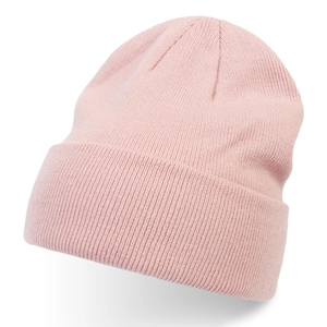 Close-up of a pink knitted beanie hat showing the fine rib-knit texture and soft fabric.