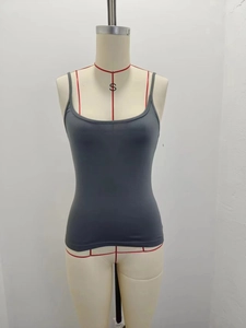 Detail of slim fit dark grey camisole top with thin straps and scoop neck for women