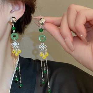 Detail view of New Chinese style earrings with long tassels and green jade-like accents