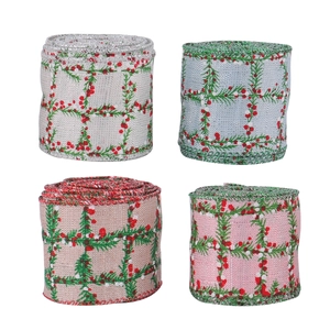 Christmas plaid ribbon rolls with berry pine prints for gift wrapping and DIY decor