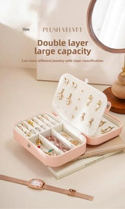 Portable double layer jewelry box pink velvet travel ring earring organizer display case storage gift