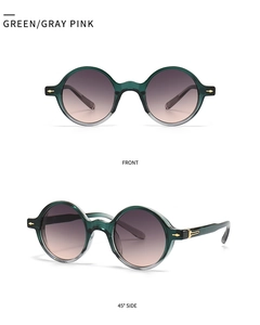 Détail macro de lunettes de soleil vertes rétro avec verres dégradés et charnière dorée