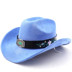 Close-up of blue suede cowboy hat with floral embroidery and turquoise silver buckle