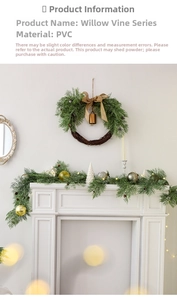 Christmas wreath and garland set with pine cones and golden ornaments on white fireplace