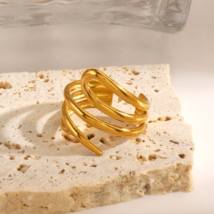 Minimalist gold spiral multi-layer ring with polished geometric hollow design on stone