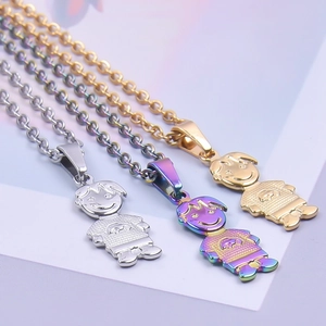 Three boy-shaped 18k gold plated stainless steel pendants on O-link chains in three colors