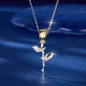 Elegant S925 sterling silver two-tone rose necklace with gold flower and silver stem