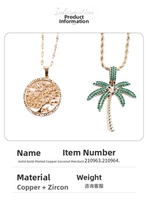 Detail specifications of micro-set zircon palm tree and tree of life pendants in gold