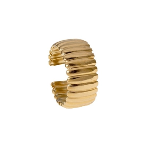 Minimalist gold ribbed cuff ring with textured ripple design on white background