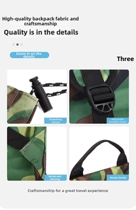 Detail of camouflage backpack showing durable stitching and adjustable drawstring closure