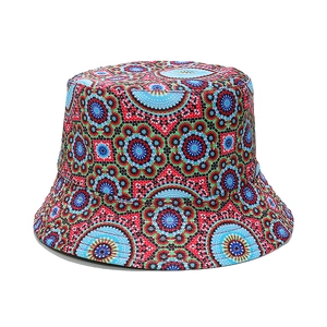 Bohemian bucket hat with colorful geometric mandala print for sun protection