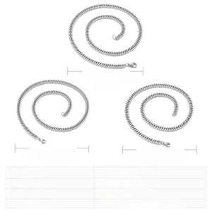 Size chart for stainless steel chain necklaces showing various lengths and weights clearly