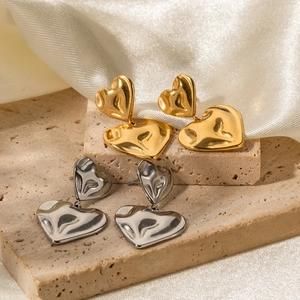 18K titanium steel hammered heart drop earrings in gold and silver finish on stone