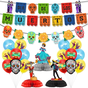 Day of the Dead party kit with banner, skeleton balloons and honeycomb centerpieces