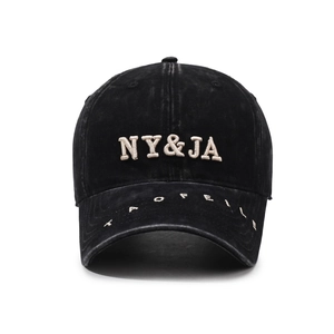 Vintage washed cotton baseball cap in black with NY&JA 3D embroidery and street style