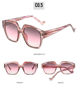 Detailed views of pink striped oversized sunglasses from front, back and 45-degree angle