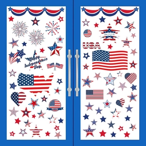 July 4th Independence Day window clings with USA flags and stars on blue doors