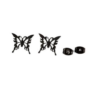Gothic matte black hollow butterfly stud earrings in stainless steel with flame patterns