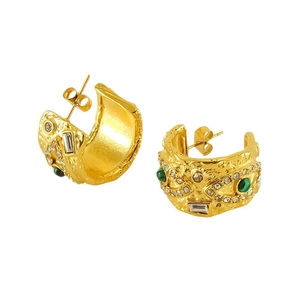 Boucles d'oreilles créoles C en acier doré avec malachite et oxydes de zirconium