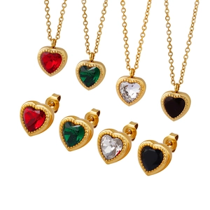 Gold titanium steel jewelry set with heart-shaped colorful zircon pendants in four colors