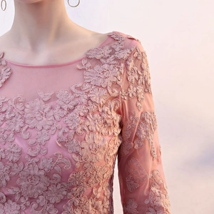 Close-up of elegant floral lace embroidery and sheer mesh on pink crew neck dress
