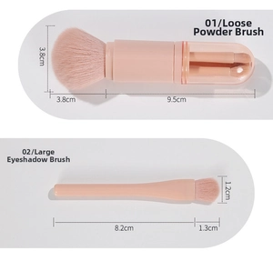 Detail showing dimensions of 4-in-1 portable makeup brush set with protective caps