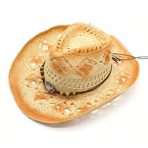Western straw cowboy hat featuring orange gradient brim and silver bull head ornament