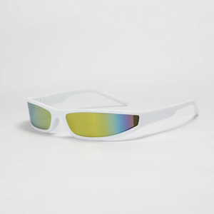 Y2K futuristic narrow white frame sunglasses with vibrant colorful gradient lenses