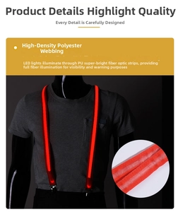 Detail of LED glowing suspenders featuring red fiber optic light on high-density polyester