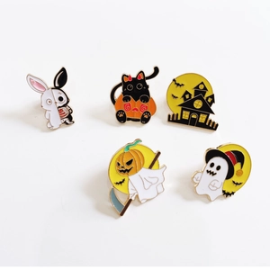 Halloween enamel pins set featuring pumpkin cat, ghost, and skull metal badges for accessories