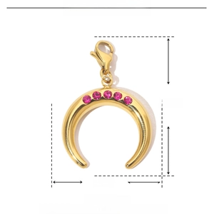 Detailed specs of crescent moon gold stainless steel pendant with pink rhinestones