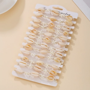 Bohemian Handmade Woven Cowrie Shell Starfish Bracelets For Women Vacation Beach Jewelry Layered Ocean Style Woven Rope Hand Ornaments