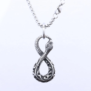 Punk style infinity snake pendant necklace in vintage silver finish with scale texture