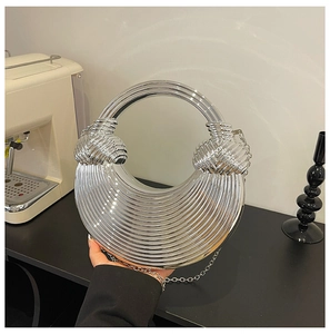 Détail d'un sac rond argenté avec texture concentrique et poignée tissée en métal