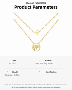 Detail view of double-layer S925 sterling silver airplane and world map pendant necklace