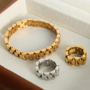 Elegant gold chain bracelet and ring set featuring iconic watch band link design