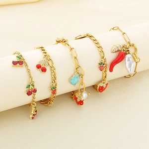 Golden titanium steel chain bracelets set with cherry, strawberry and shell charms