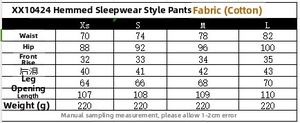 Tabella taglie dettagliata per pantaloni pigiama in popeline dalla XS alla L