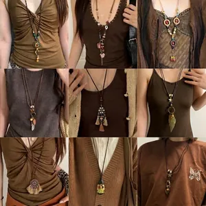 Ethnische Böhmische Lange Anhänger Halskette Legierung Perlen Quasten Feder Blume Vintage Pulloverkette Accessoire Für Damen