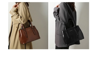 Three-piece handbag set styled with trench coat and blazer for professional commuting look