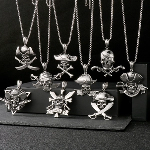 Punk style Jack pirate skull pendant necklaces in silver-toned stainless steel metal