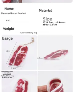 Detailed views of 13x6.5cm PVC artificial bacon slice with realistic meat textures