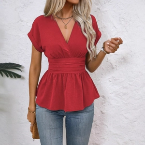 Women V Neck Peplum Top Pleated Waist Short Sleeve Polyester Solid Color Casual Summer Fashion Blouse Elegant
