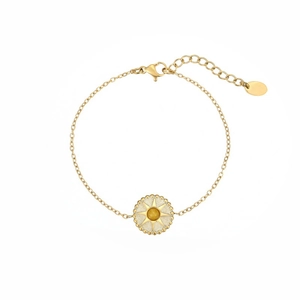 Elegant gold-tone starburst compass bracelet with yellow gemstone center on white background