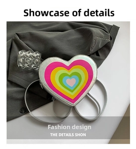 Detail of silver heart-shaped bag with colorful layered patterns and metallic finish